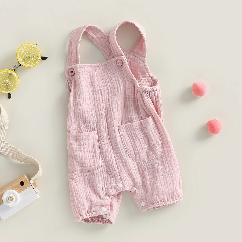 Combinaison Bébé Été à Bretelles – Barboteuse Sans Manches avec Poches