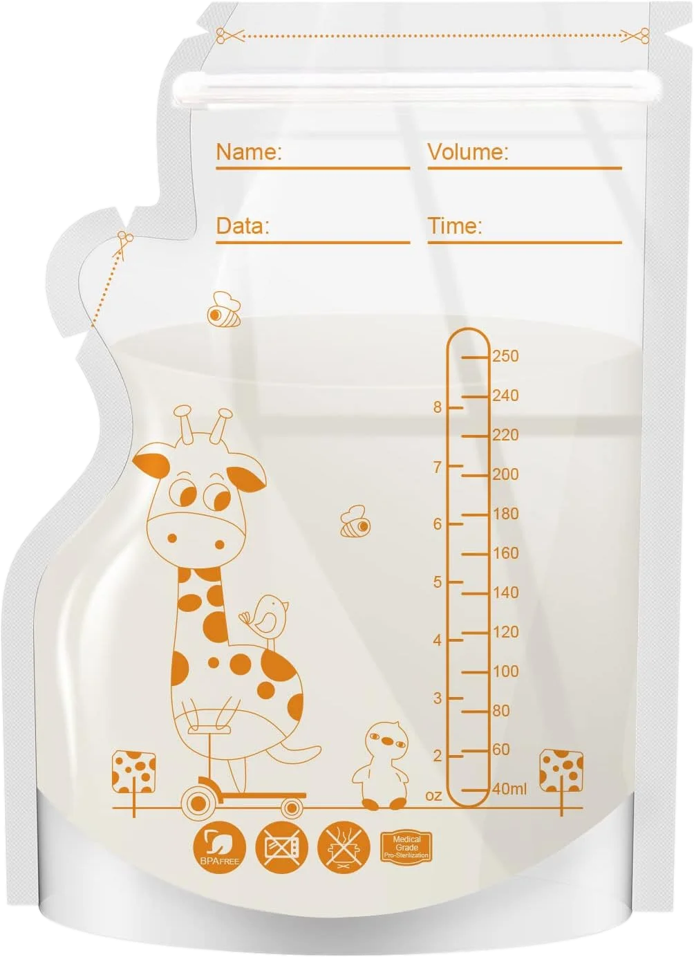 Sachets de Conservation de Lait Maternel Girafe – 250 ml, Sans BPA, Étanches