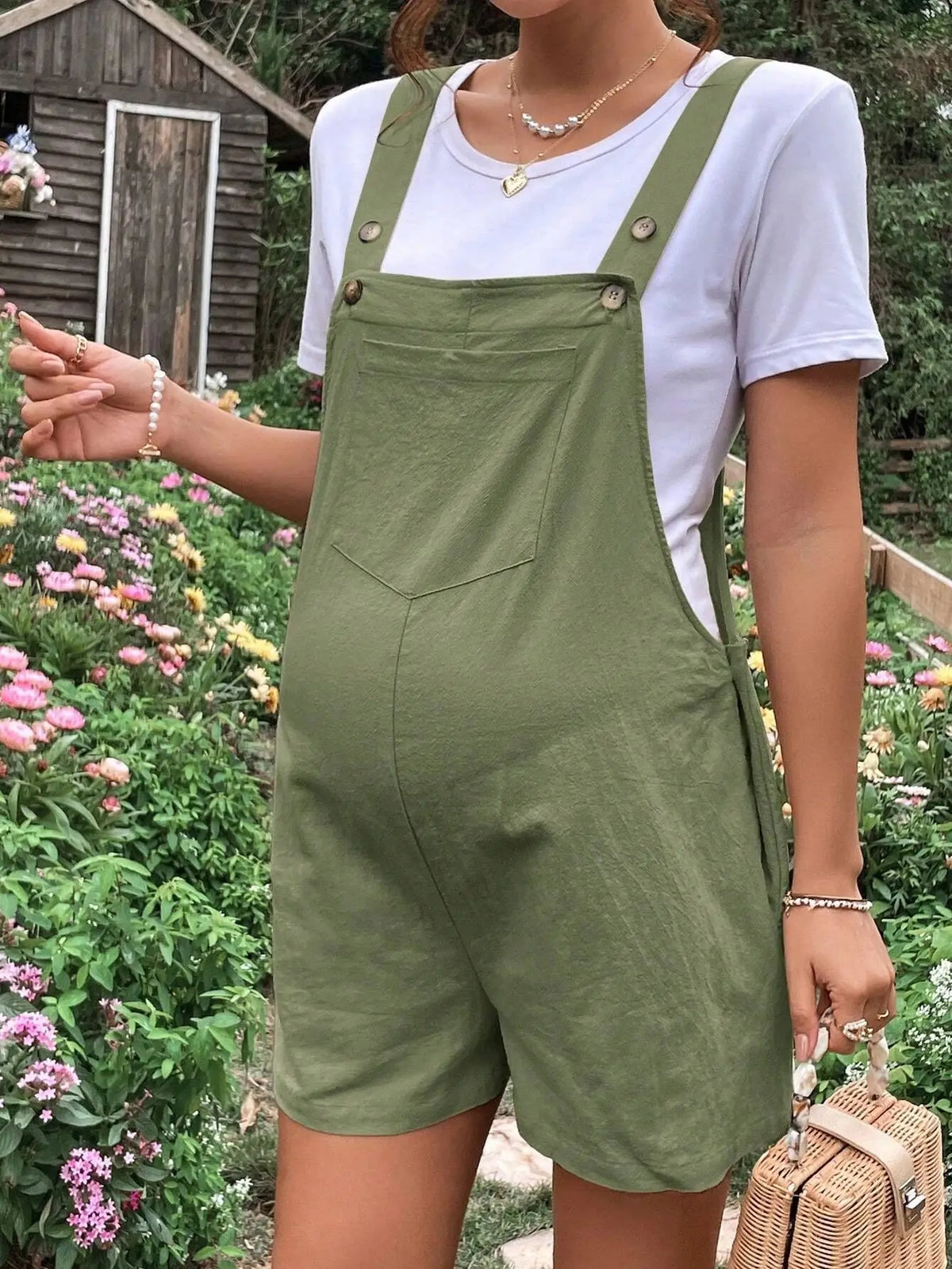 Combinaison-Short Maternité à Bretelles – Taille Ajustable, Coton Casual