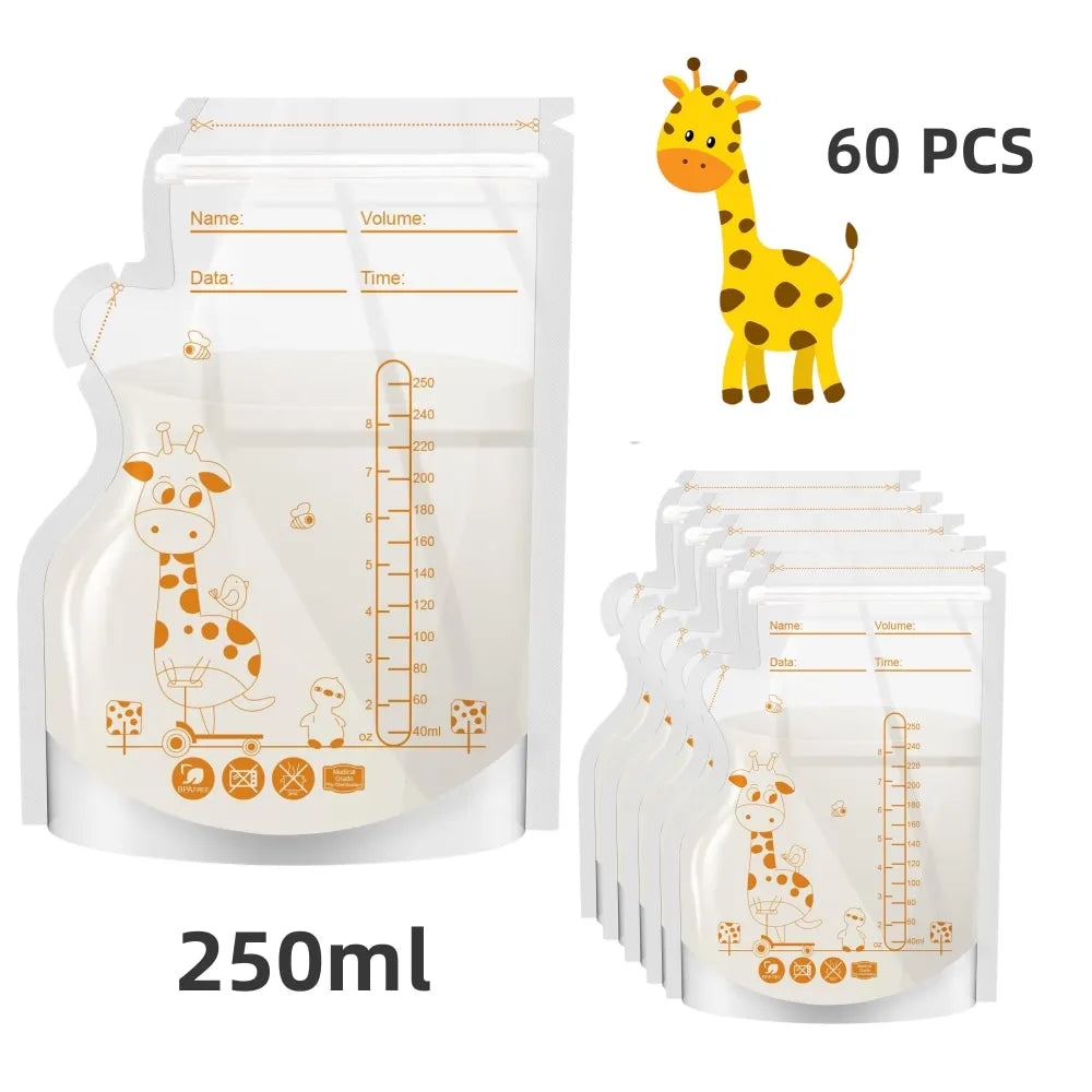 Sachets de Conservation de Lait Maternel Girafe – 250 ml, Sans BPA, Étanches
